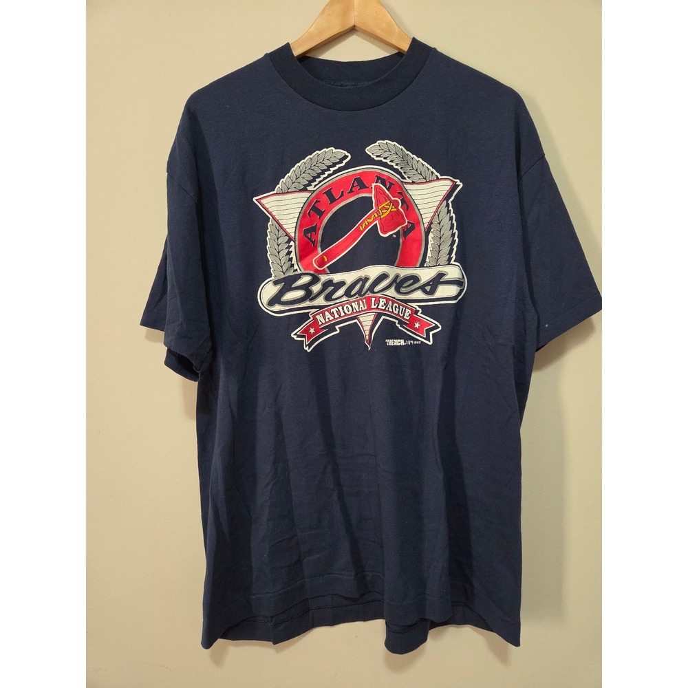 Vintage 1992 Atlanta Braves T Shirt Mens XL Navy Blue Trench Single Stitch MLB